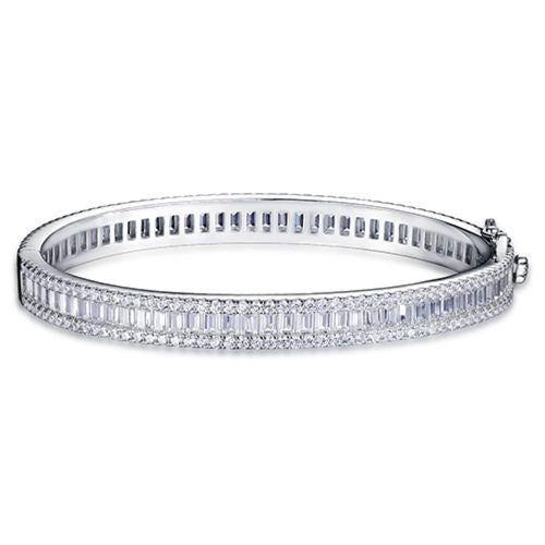 Sterling Silver Baguette and Round Zirconia Bangle Bracelet for Women