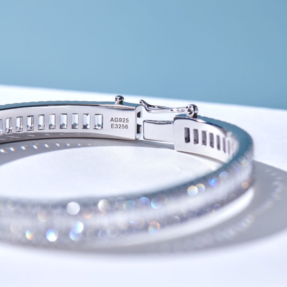 Sterling Silver Baguette and Round Zirconia Bangle Bracelet for Women