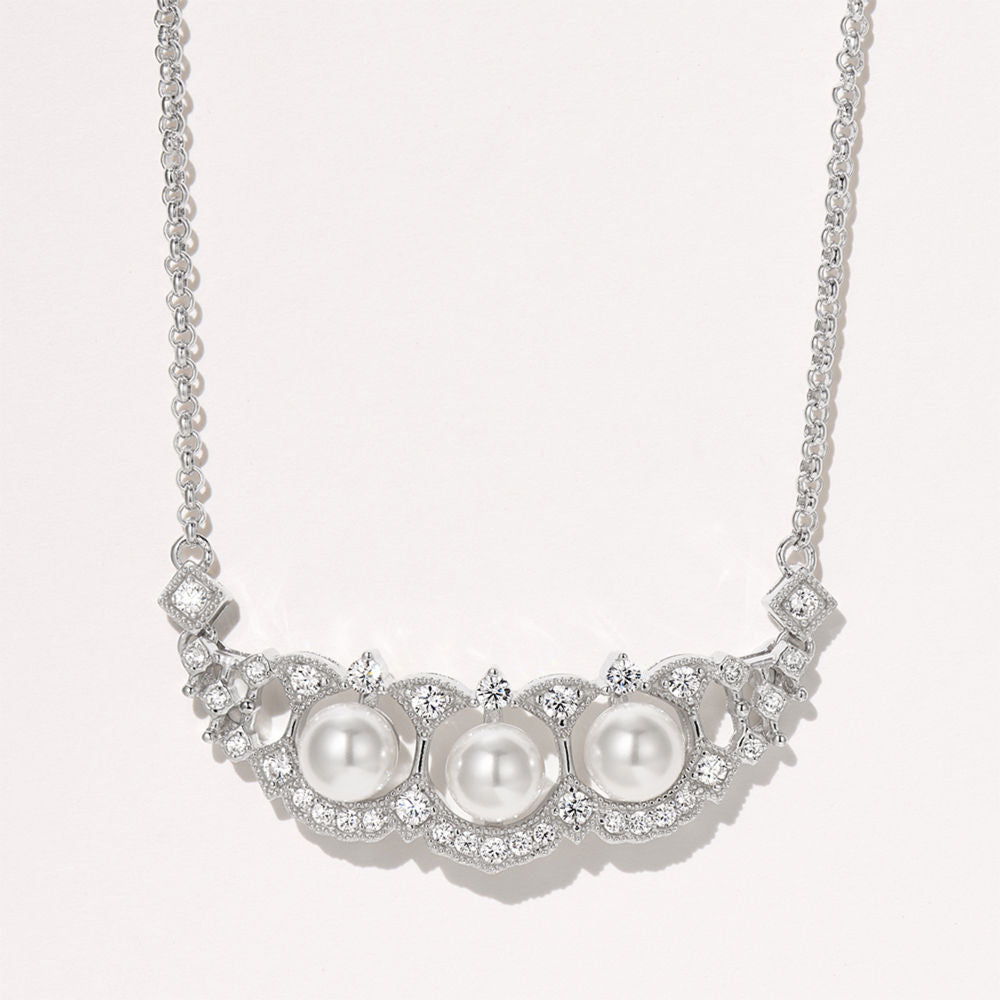 Sterling Silver Necklace with Swarovski Pearls – 925 Vintage Pearl Pendant Necklace, 5mm Pearls, 43cm Chain, Bridal Jewelry