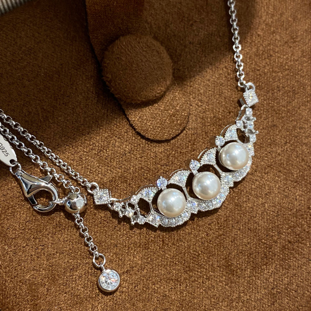 Sterling Silver Necklace with Swarovski Pearls – 925 Vintage Pearl Pendant Necklace, 5mm Pearls, 43cm Chain, Bridal Jewelry