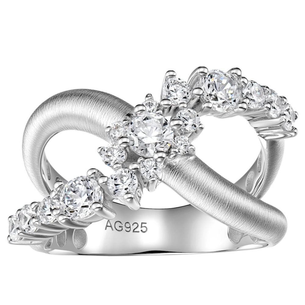925 Sterling Silver Crossover Band Ring with Round Brilliant-Cut Cubic Zirconia – Modern Matte and Polished Finish