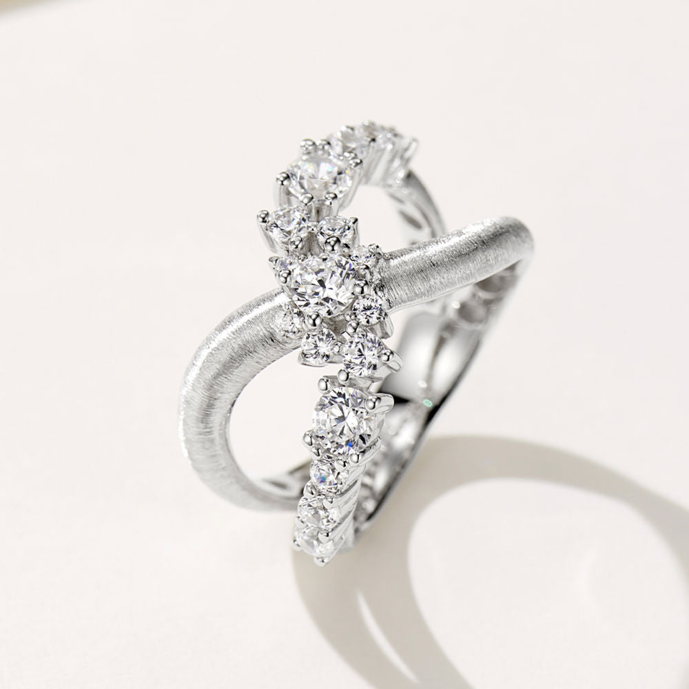 925 Sterling Silver Crossover Band Ring with Round Brilliant-Cut Cubic Zirconia – Modern Matte and Polished Finish