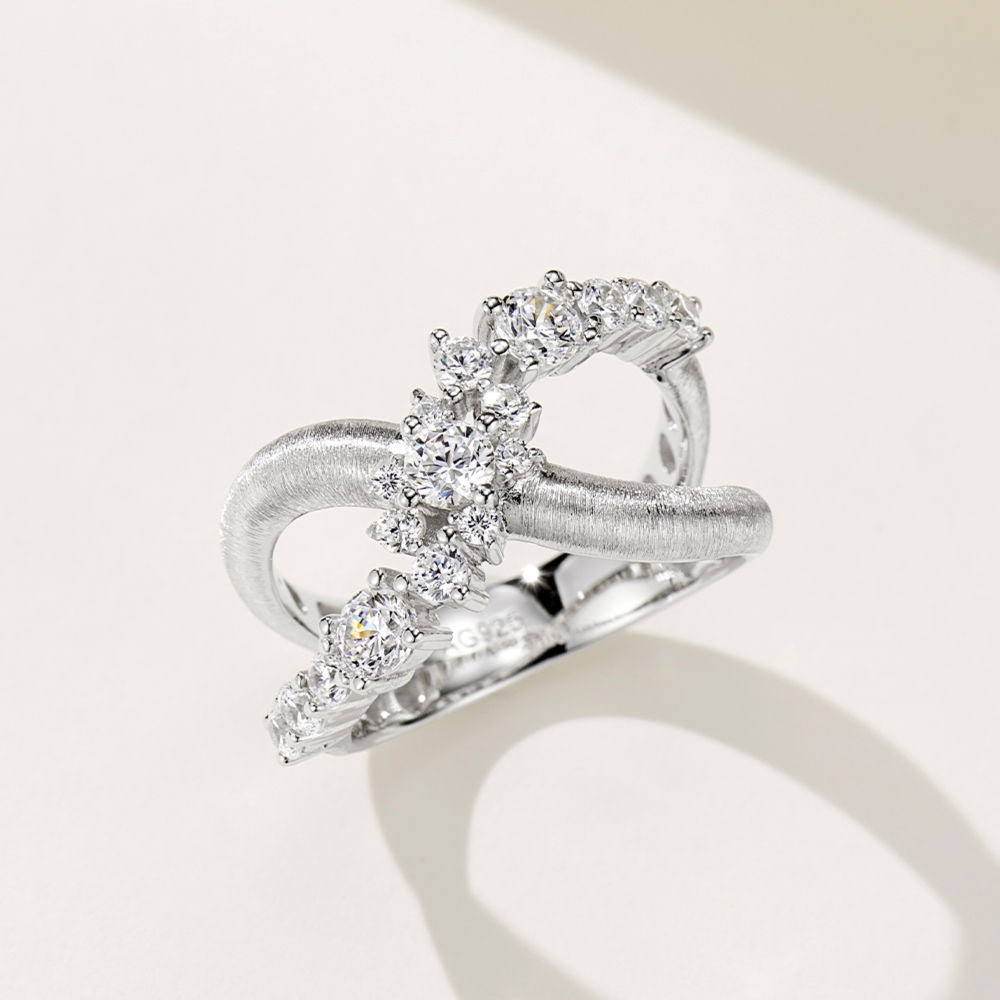 925 Sterling Silver Crossover Band Ring with Round Brilliant-Cut Cubic Zirconia – Modern Matte and Polished Finish