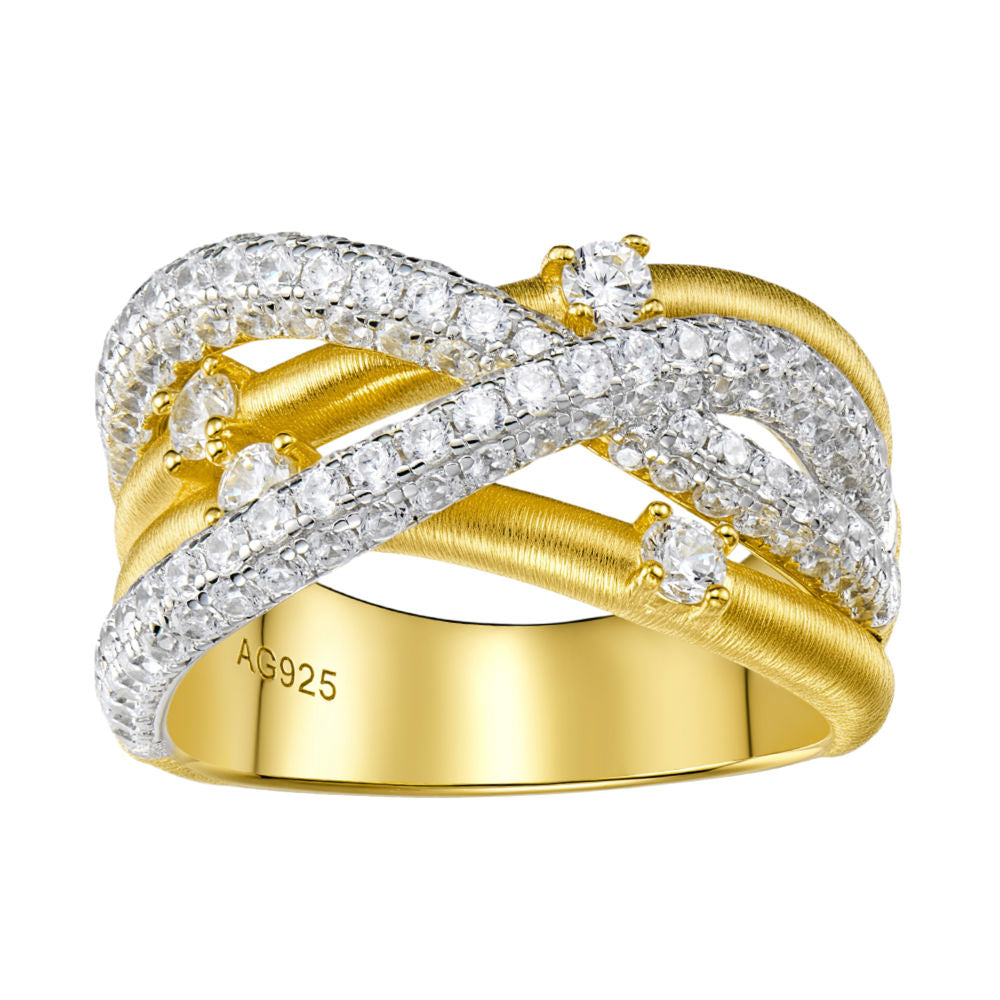 Gold Plated Sterling Silver Criss-Cross Ring with Cubic Zirconia – Elegant Textured Band for Women