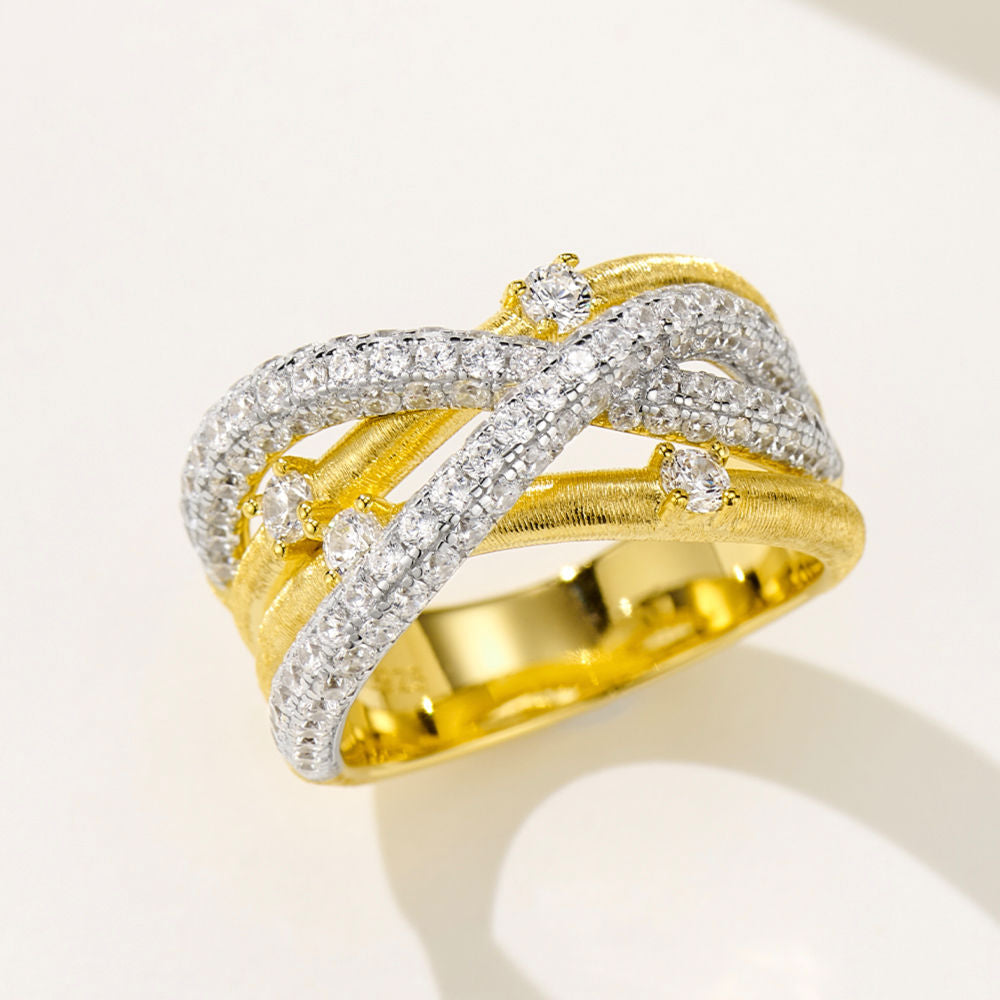 Gold Plated Sterling Silver Criss-Cross Ring with Cubic Zirconia – Elegant Textured Band for Women