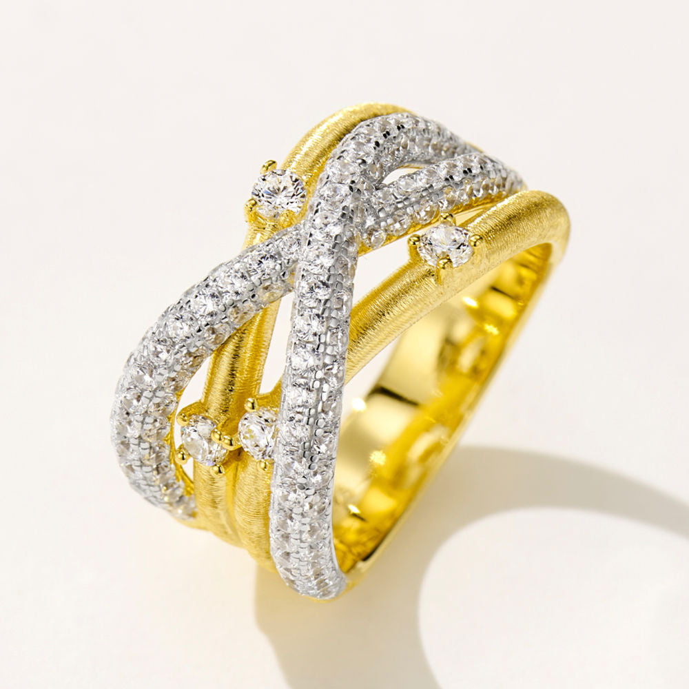 Gold Plated Sterling Silver Criss-Cross Ring with Cubic Zirconia – Elegant Textured Band for Women