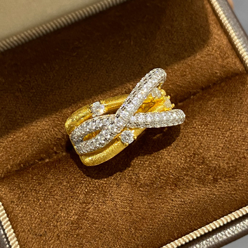 Gold Plated Sterling Silver Criss-Cross Ring with Cubic Zirconia – Elegant Textured Band for Women