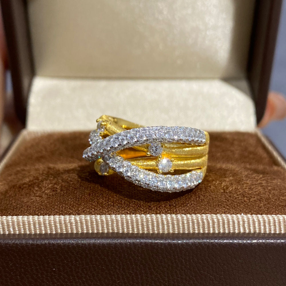 Gold Plated Sterling Silver Criss-Cross Ring with Cubic Zirconia – Elegant Textured Band for Women