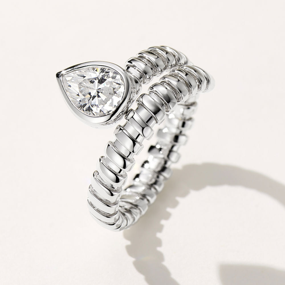 925 Sterling Silver Spiral Ring with 1.25 Carat Pear-Shaped Zircon