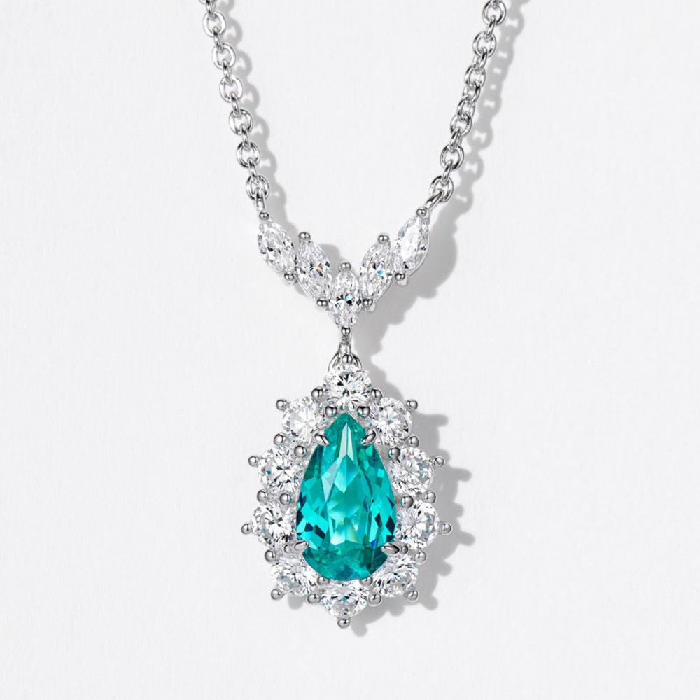 Sterling Silver Lab-Created Paraiba Tourmaline Pendant Necklace – 6x10mm Teardrop Stone