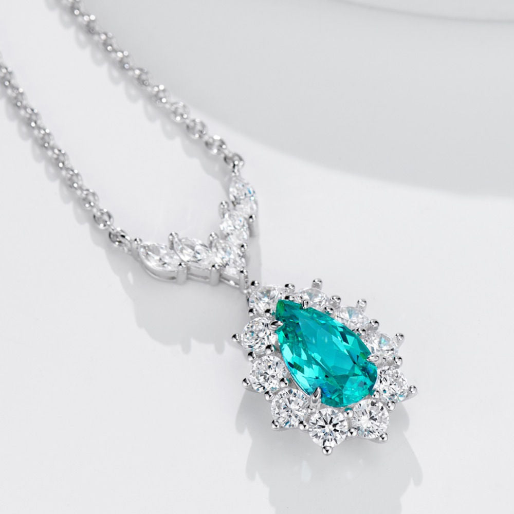 Sterling Silver Lab-Created Paraiba Tourmaline Pendant Necklace – 6x10mm Teardrop Stone