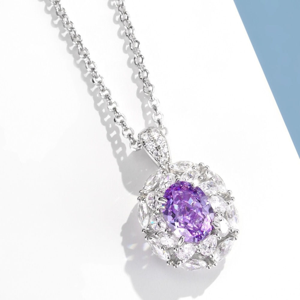 18K Gold Plated Sterling Silver Oval Amethyst Halo Pendant Necklace – 6x8mm 1.5ct Simulated Gemstone