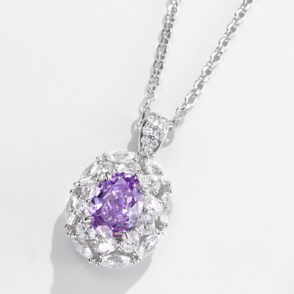 18K Gold Plated Sterling Silver Oval Amethyst Halo Pendant Necklace – 6x8mm 1.5ct Simulated Gemstone