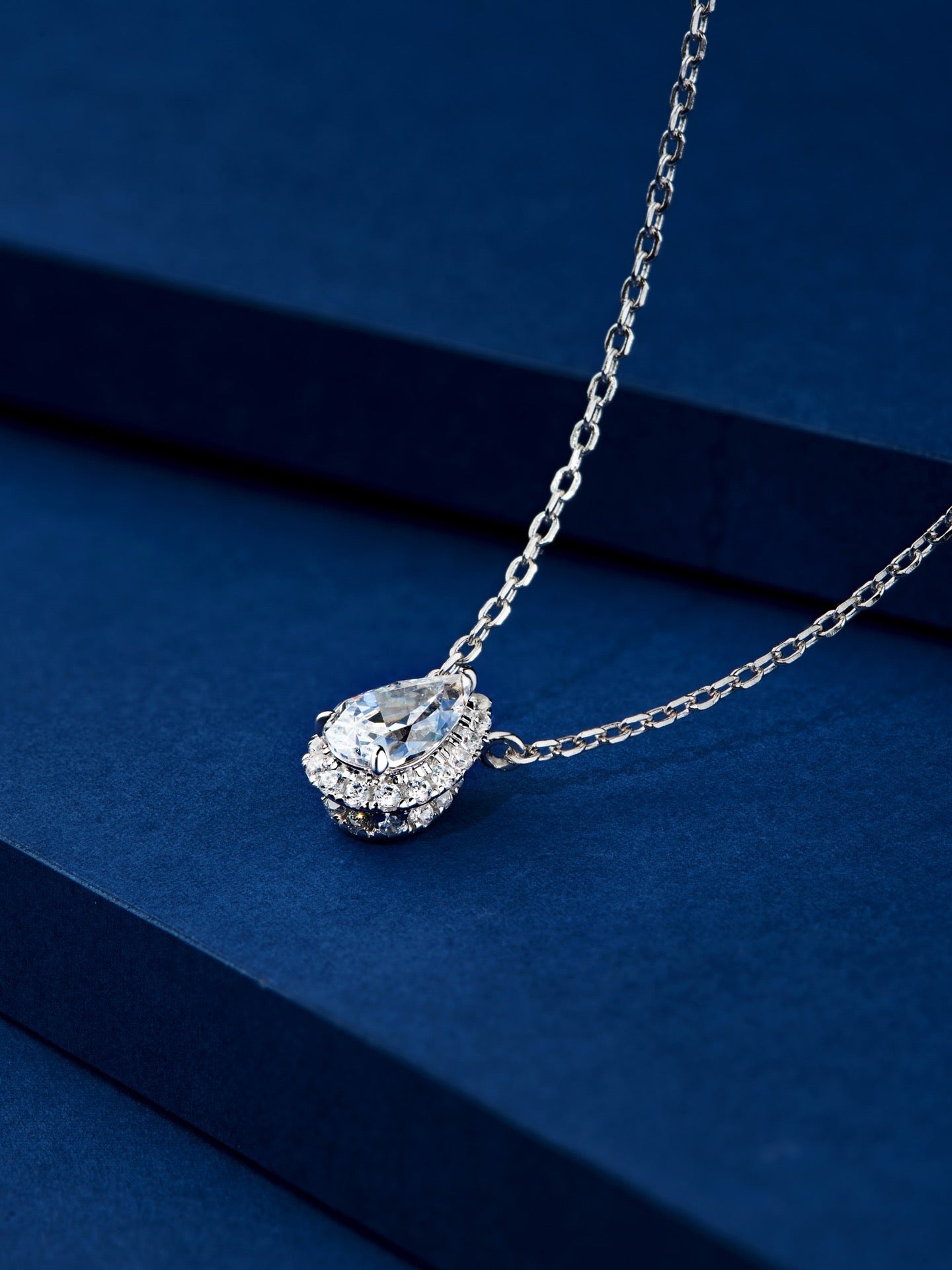 Sterling Silver Pear Cut Halo Pendant Necklace with 6x9mm Cubic Zirconia,