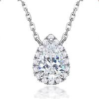 Sterling Silver Pear Cut Halo Pendant Necklace with 6x9mm Cubic Zirconia,