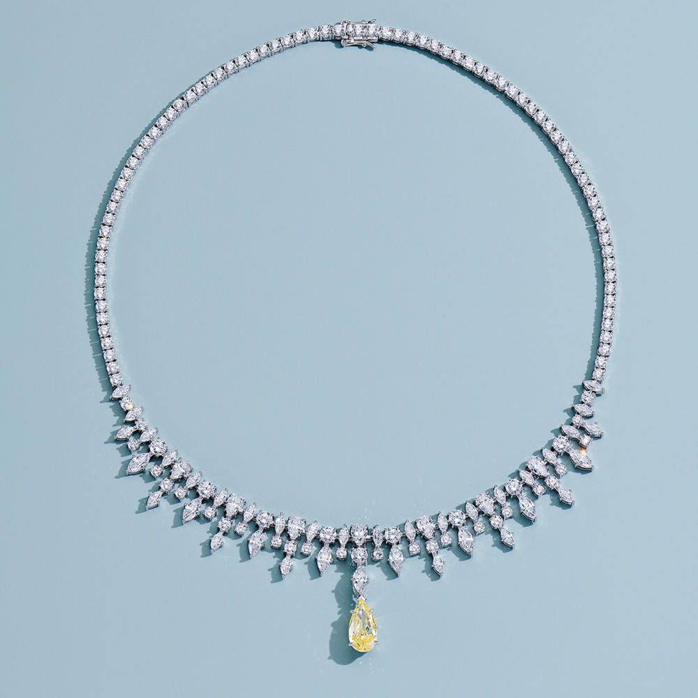 Convertible Zircon Necklace – 3 Styles with Yellow Gem, Pearl & Fringe Chain