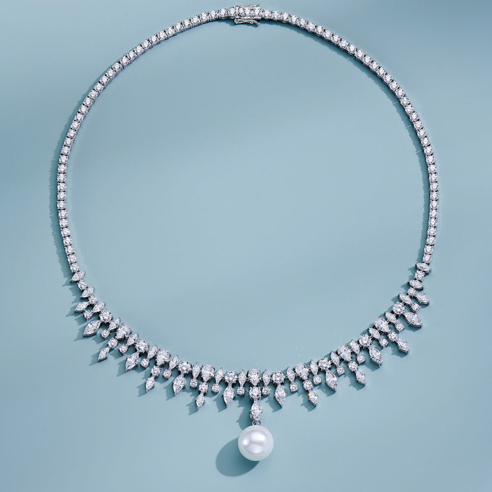Convertible Zircon Necklace – 3 Styles with Yellow Gem, Pearl & Fringe Chain