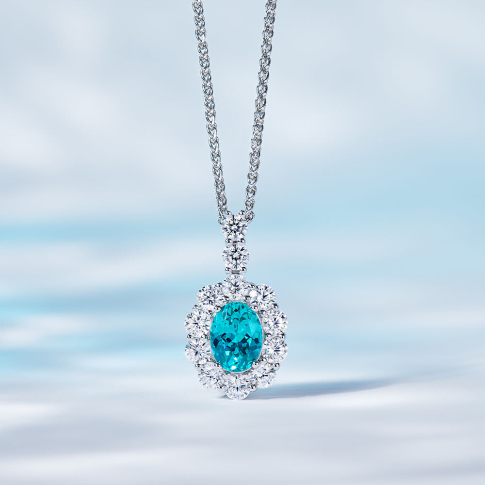 Lab-Created Paraiba Tourmaline Necklace – 2.2CT Teardrop Pendant with Halo, GRC Certified