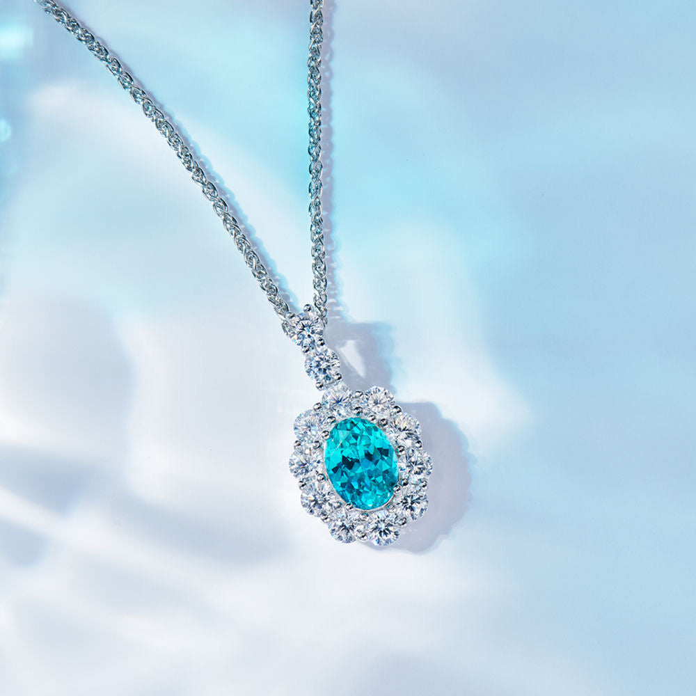 Lab-Created Paraiba Tourmaline Necklace – 2.2CT Teardrop Pendant with Halo, GRC Certified