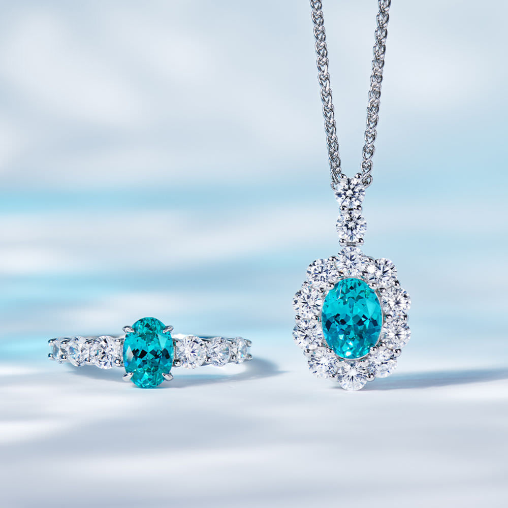 Lab-Created Paraiba Tourmaline Necklace – 2.2CT Teardrop Pendant with Halo, GRC Certified