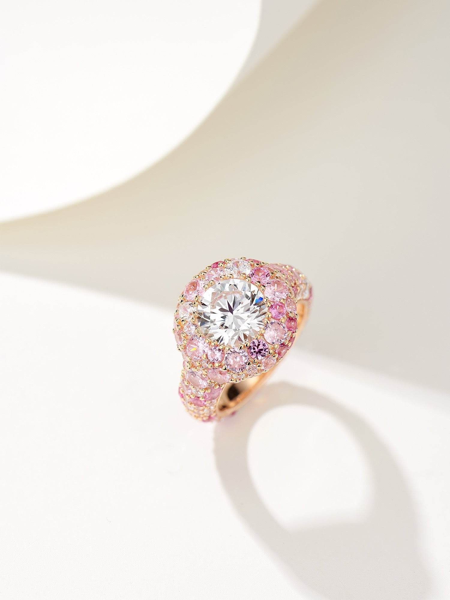 Rose Gold-Plated Ring with Pink Zircon Halo – Colorful Candy-Inspired Design