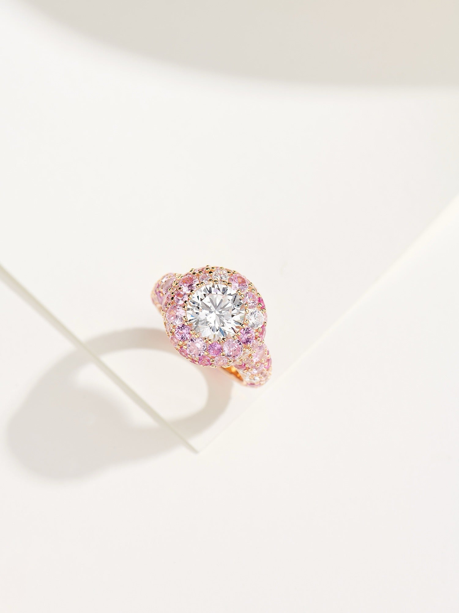 Rose Gold-Plated Ring with Pink Zircon Halo – Colorful Candy-Inspired Design