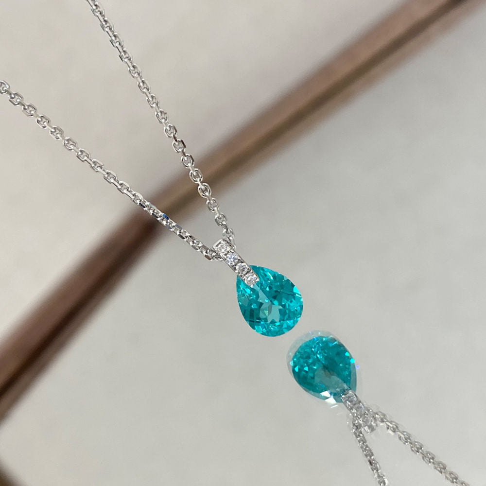 Minimalist Paraiba Teardrop Necklace – 1.25ct Lab-Created Paraiba Gemstone, 45cm Chain, Silver or Gold Tone