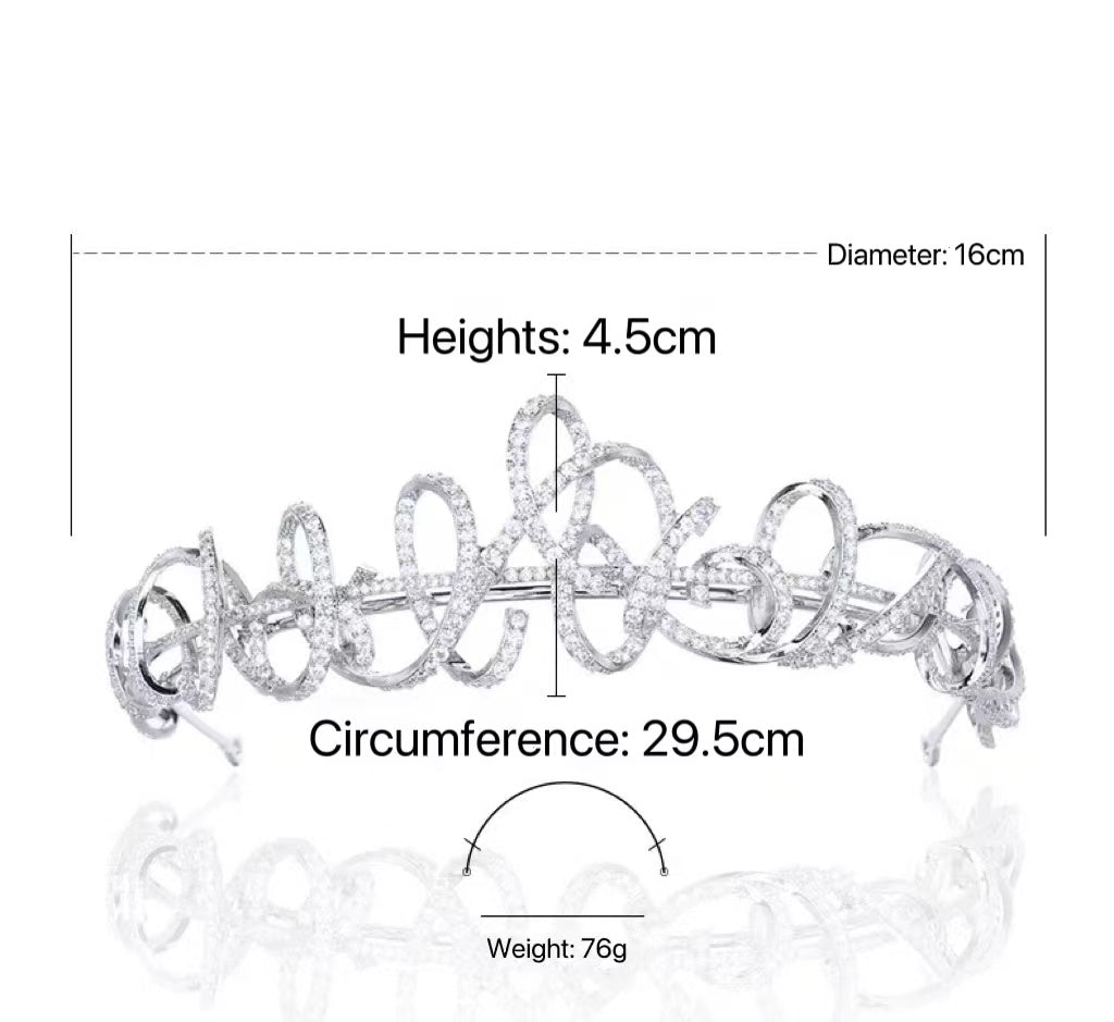 Ribbon Bridal Tiara – Natural Zircons, 24K White Gold-Plated Finish