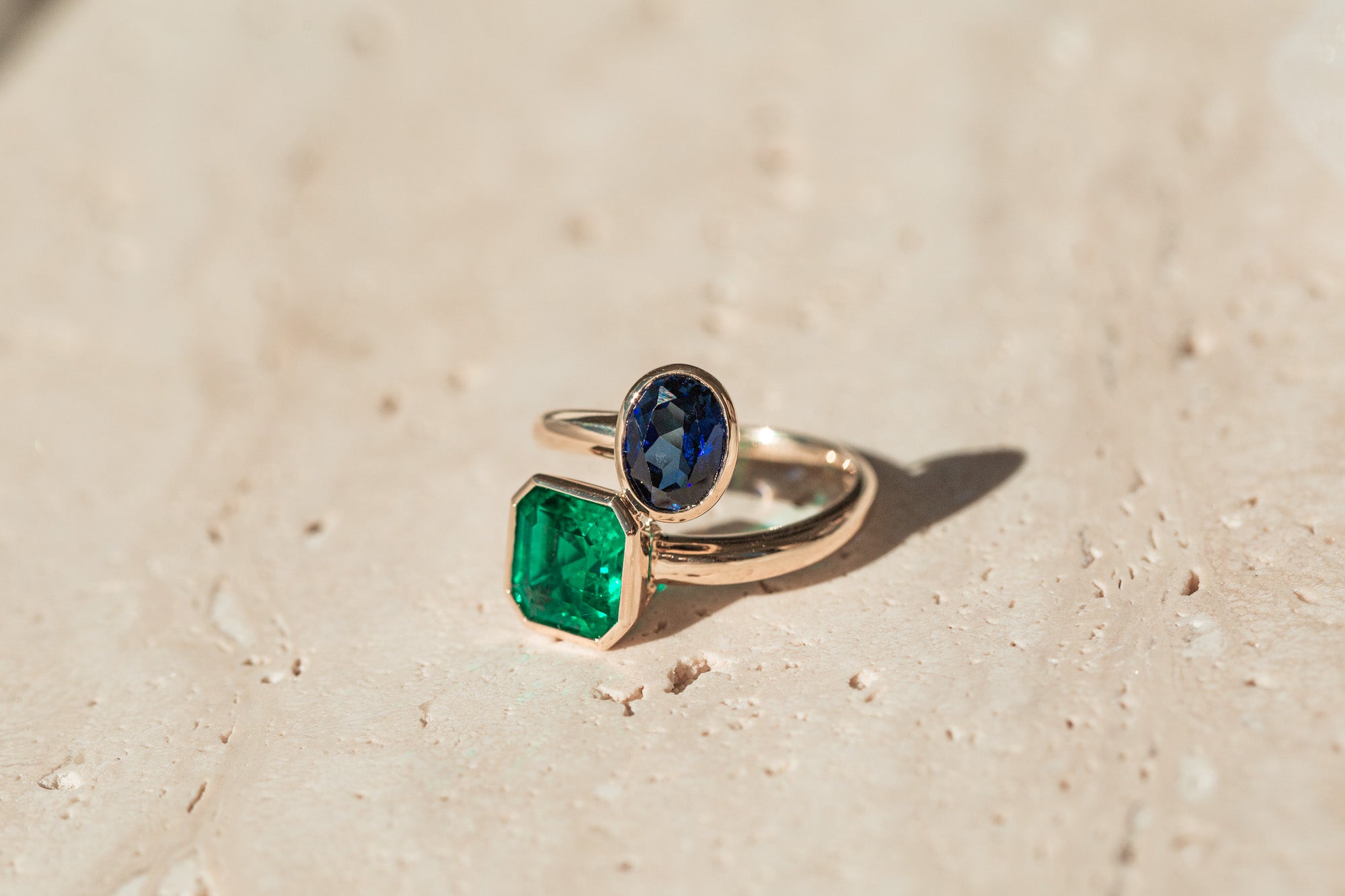 Custom Dual Stone Ring – Gold-Plated Sterling Silver with Lab-Created Emerald & Sapphire