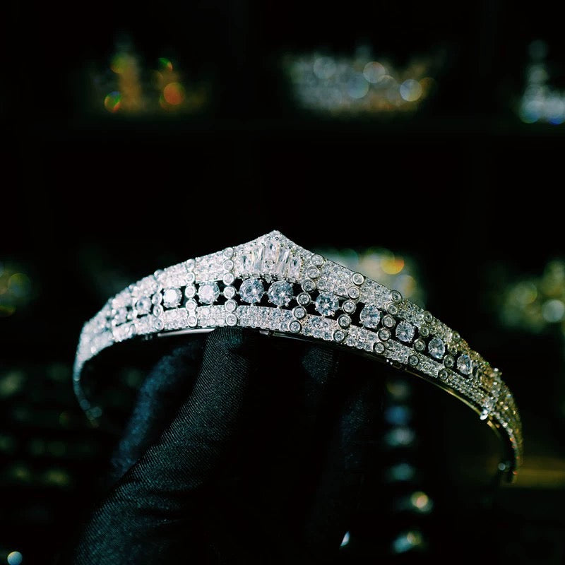 Luxurious Wedding Bridal Tiara - Natural Zircon, Elegantly Plated in 24K White Gold