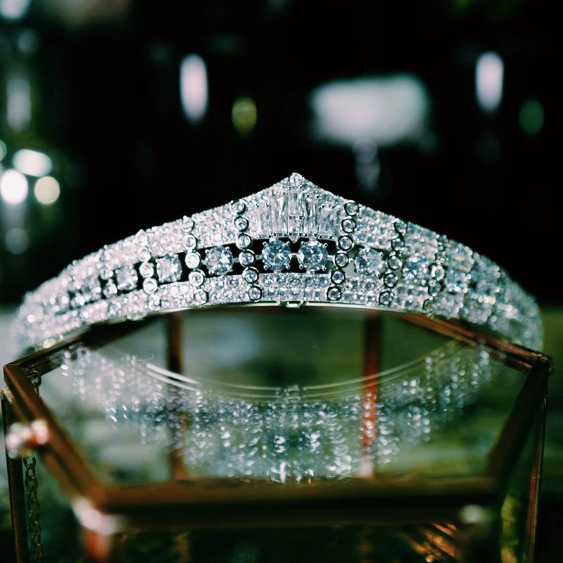Luxurious Wedding Bridal Tiara - Natural Zircon, Elegantly Plated in 24K White Gold