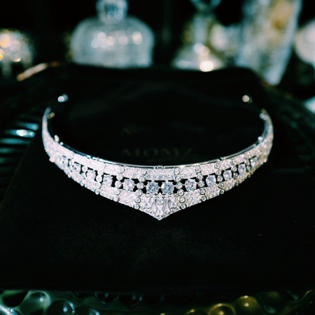 Luxurious Wedding Bridal Tiara - Natural Zircon, Elegantly Plated in 24K White Gold