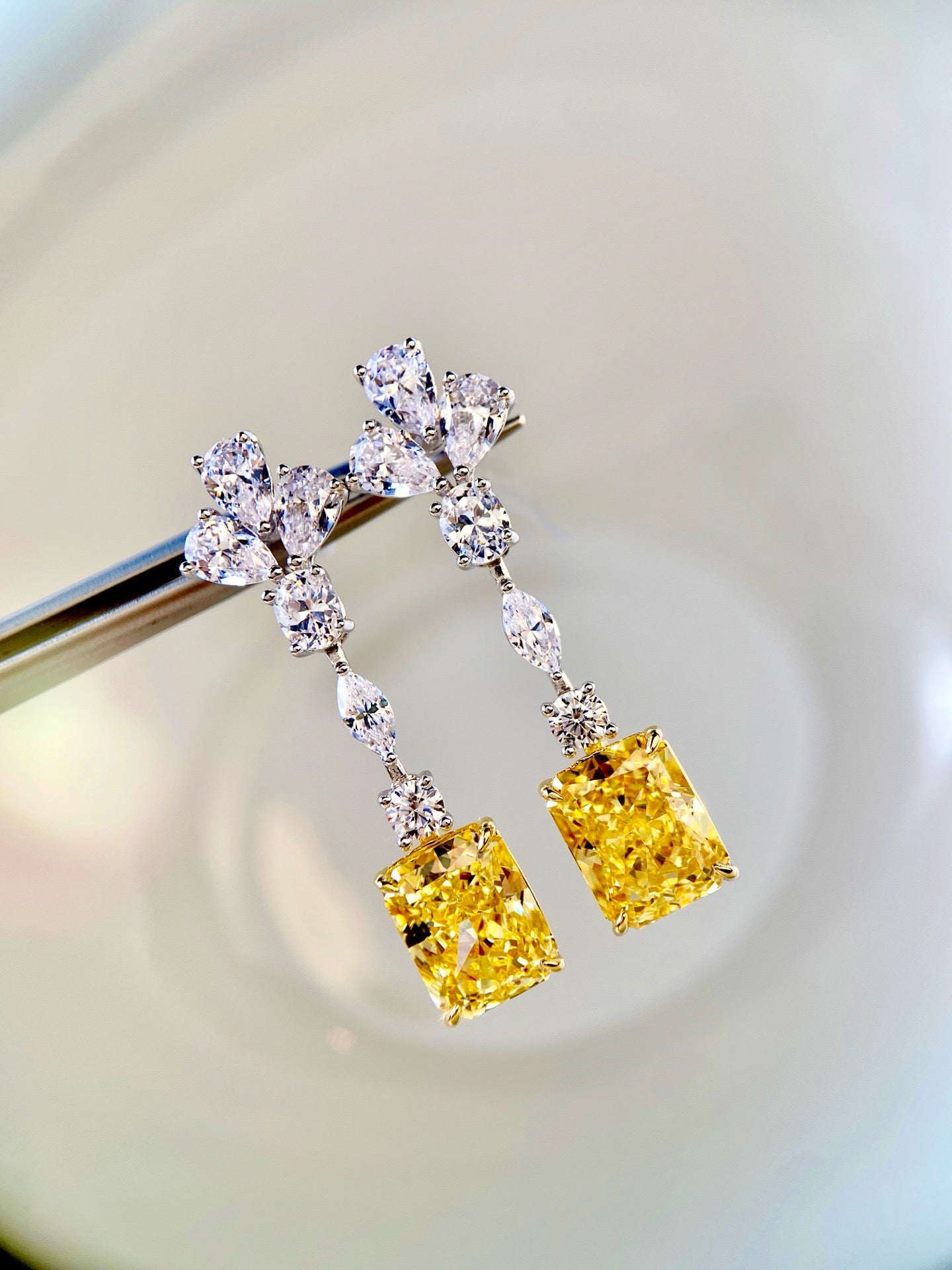Radiant Yellow Zircon Drop Earrings with Multicut Accents in Gold-Plated Sterling Silver