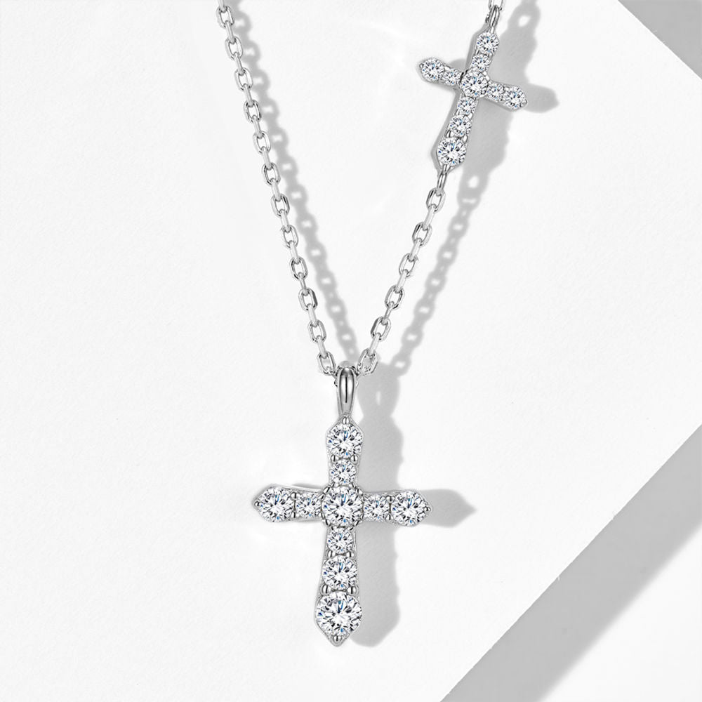 Double Cross Pendant Necklace, Cubic Zirconia 18K Gold or White Gold Plated Sterling Silver, Everyday Style Gift