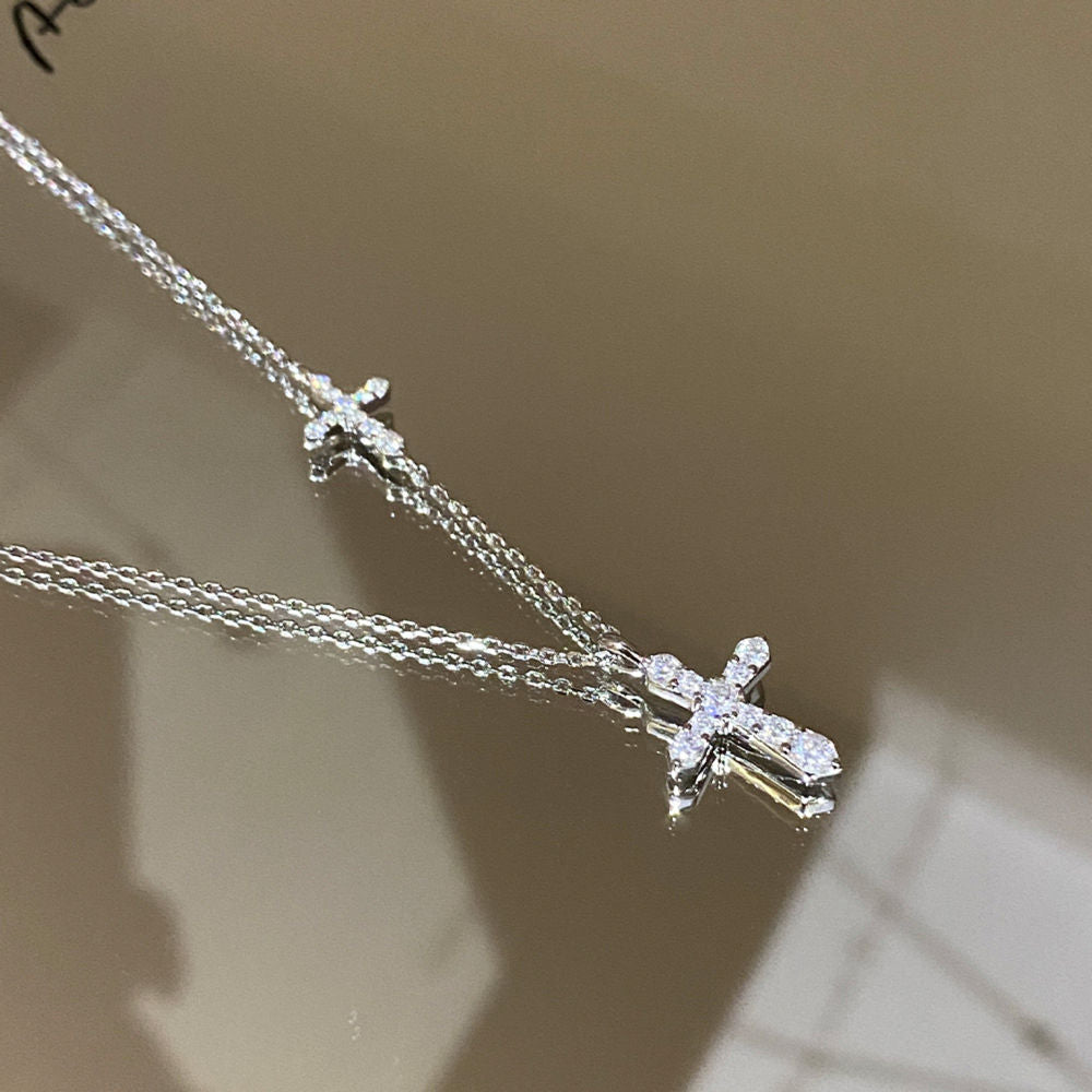 Double Cross Pendant Necklace, Cubic Zirconia 18K Gold or White Gold Plated Sterling Silver, Everyday Style Gift