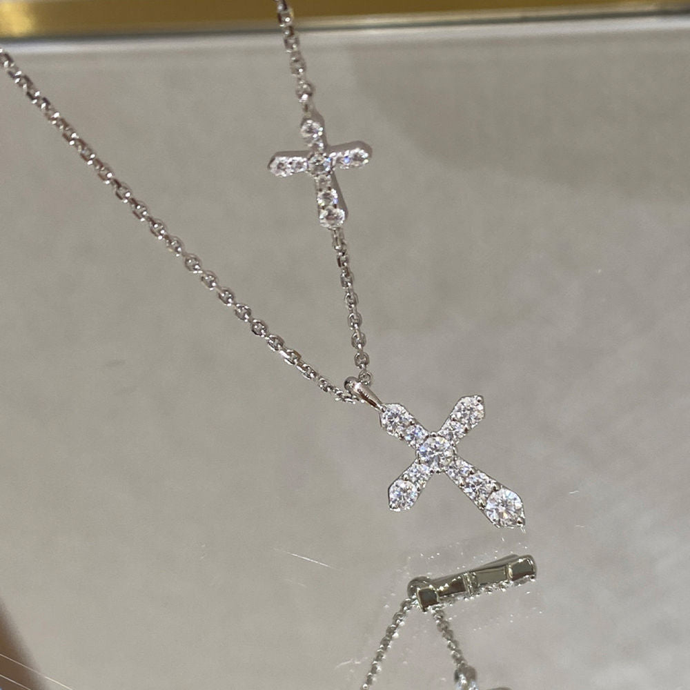 Double Cross Pendant Necklace, Cubic Zirconia 18K Gold or White Gold Plated Sterling Silver, Everyday Style Gift