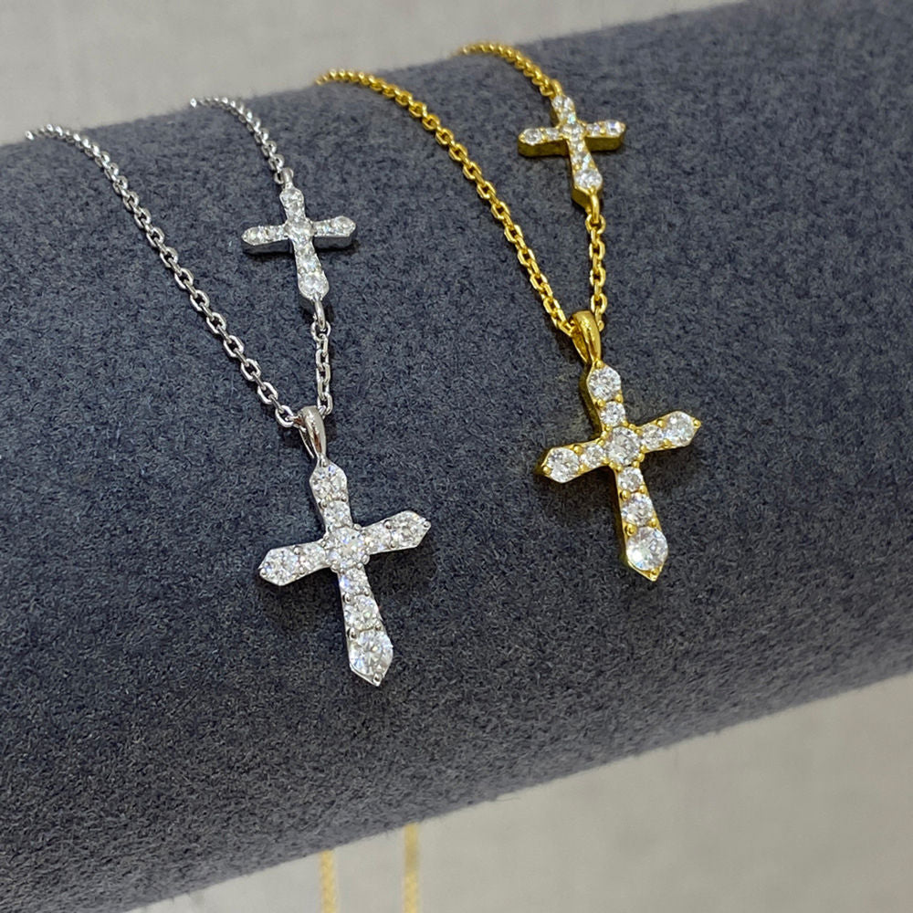 Double Cross Pendant Necklace, Cubic Zirconia 18K Gold or White Gold Plated Sterling Silver, Everyday Style Gift