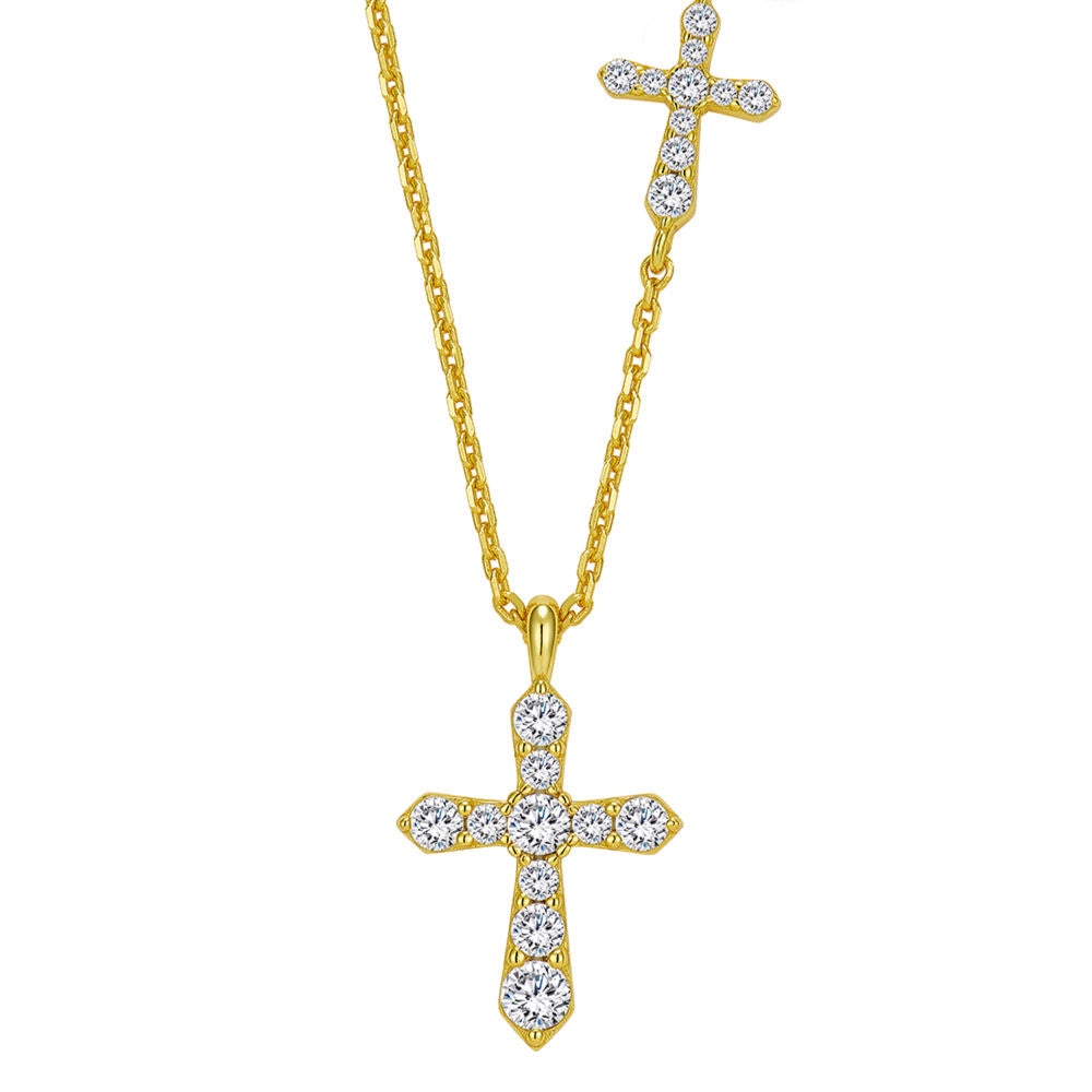 Double Cross Pendant Necklace, Cubic Zirconia 18K Gold or White Gold Plated Sterling Silver, Everyday Style Gift