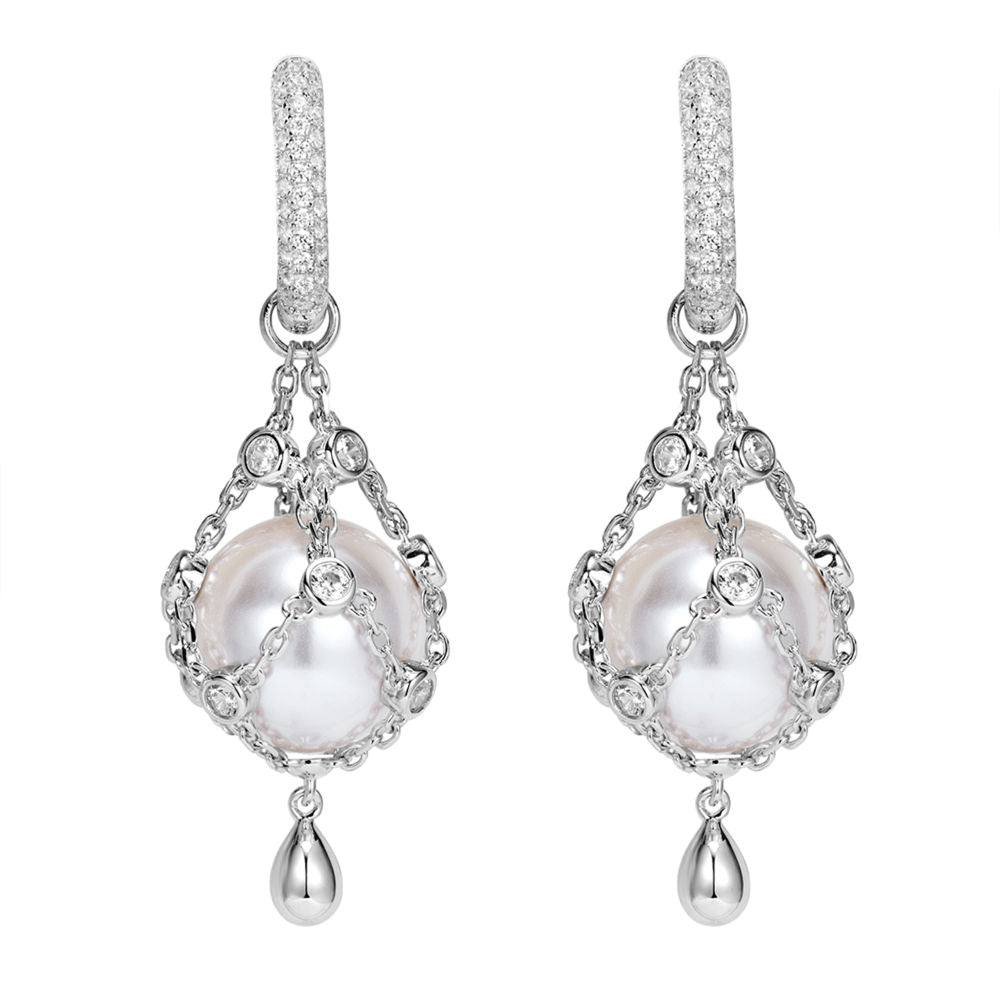 12mm Swarovski Pearl & 3A Crystal Drop Earrings, Interchangeable Design, CZ + White Gold Plated S925, Daily Wear Gift