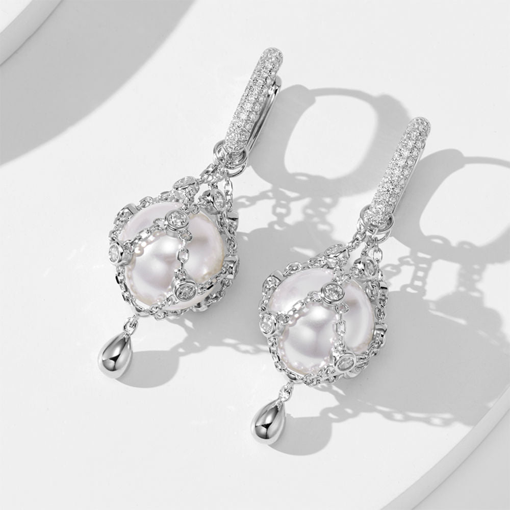 12mm Swarovski Pearl & 3A Crystal Drop Earrings, Interchangeable Design, CZ + White Gold Plated S925, Daily Wear Gift
