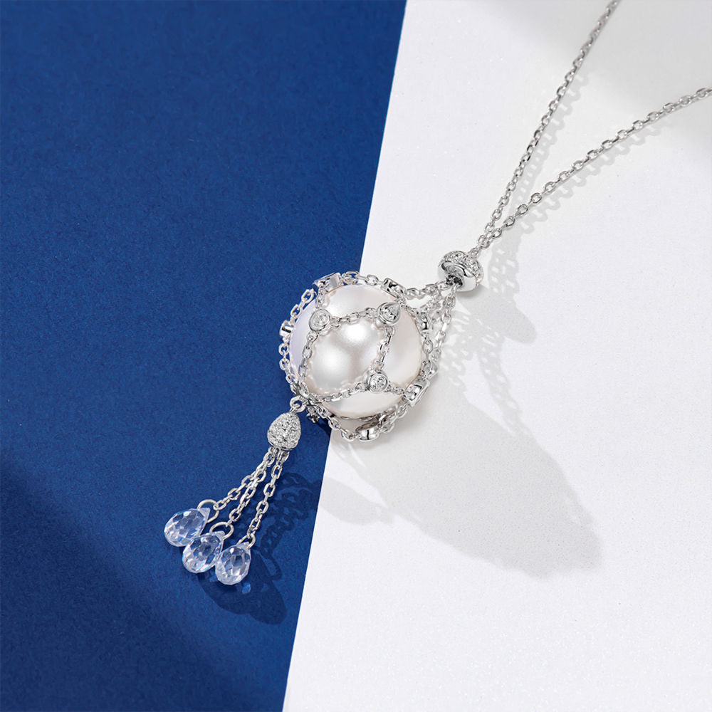16mm Swarovski Pearl &  3A Crystal Mesh Pendant Necklace, Interchangeable Design, CZ + Gold or White Gold Plated Silver, Daily Wear Gift