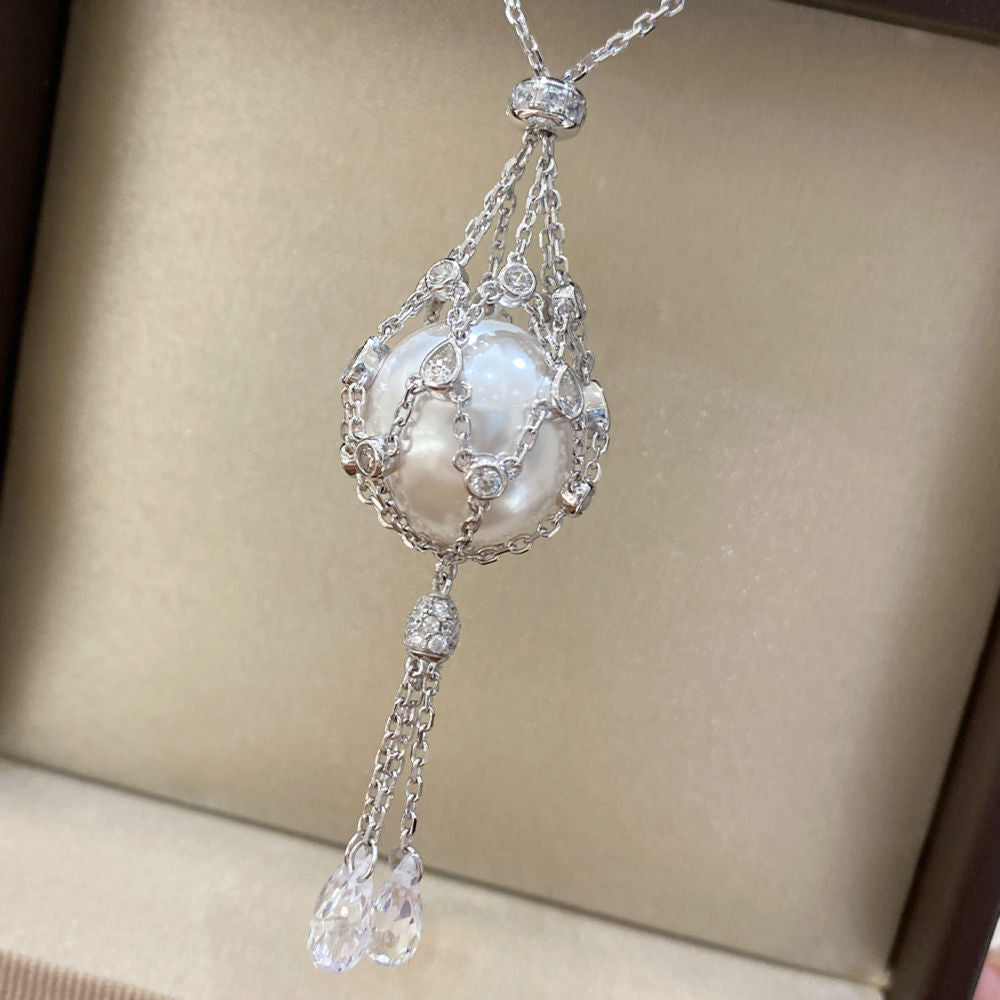 16mm Swarovski Pearl &  3A Crystal Mesh Pendant Necklace, Interchangeable Design, CZ + Gold or White Gold Plated Silver, Daily Wear Gift