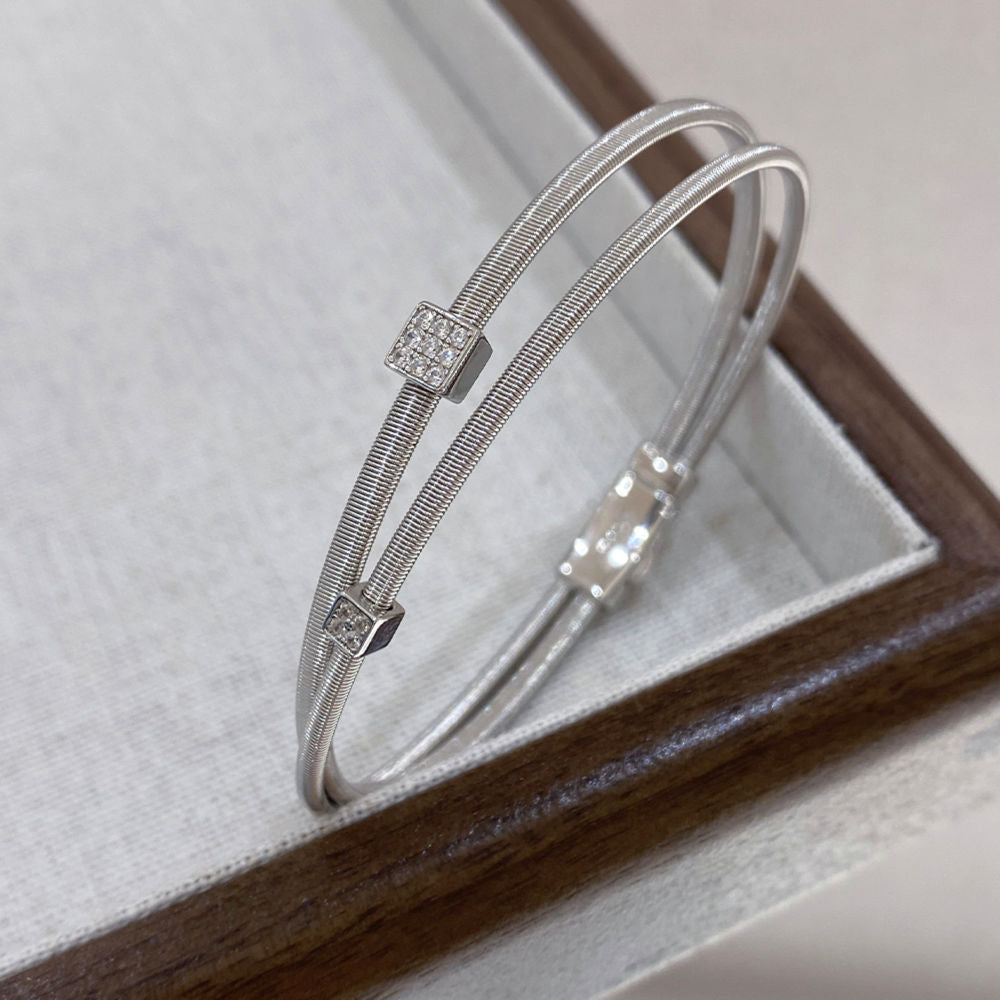 Spring Wire Bangle Bracelet, Double Layer Pavé Cubic Zirconia Gold or White Gold Plated Sterling Silver, Daily Wear Stackable