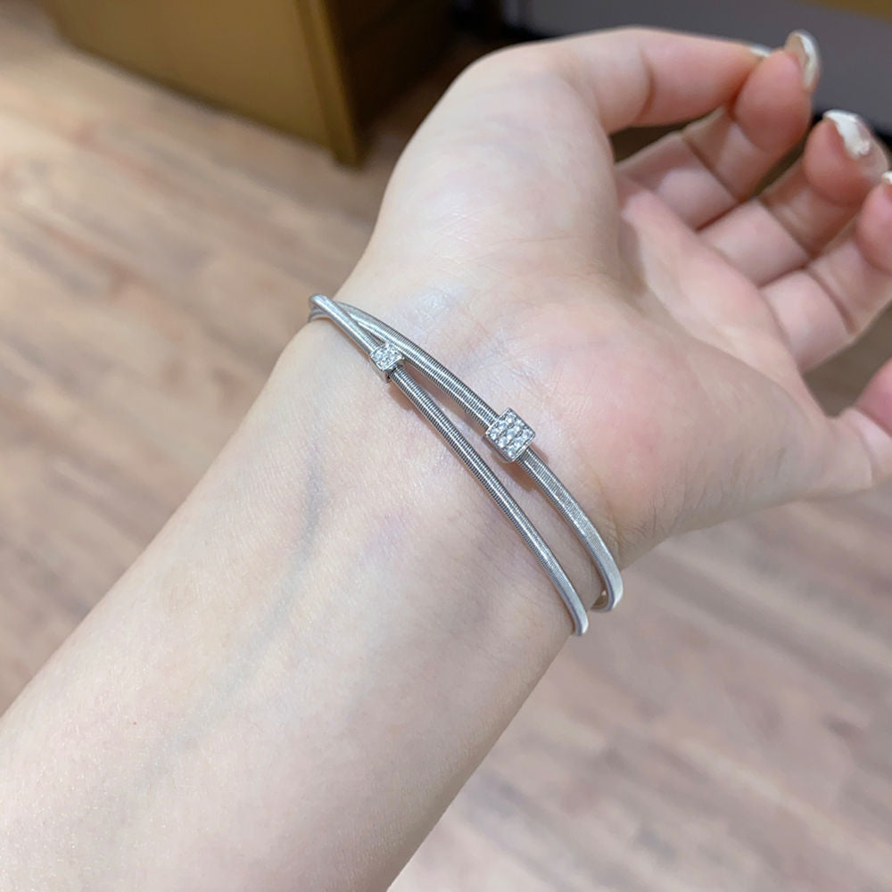 Spring Wire Bangle Bracelet, Double Layer Pavé Cubic Zirconia Gold or White Gold Plated Sterling Silver, Daily Wear Stackable