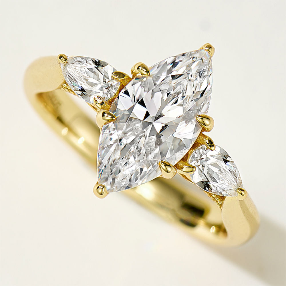 Marquise Cut 2CT Three Stone Ring, Cubic Zirconia Gold or White Gold Plated Sterling Silver, Daily Wear Gift