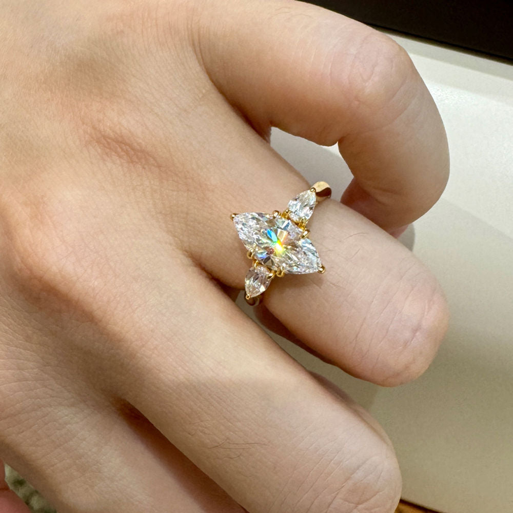 Marquise Cut 2CT Three Stone Ring, Cubic Zirconia Gold or White Gold Plated Sterling Silver, Daily Wear Gift