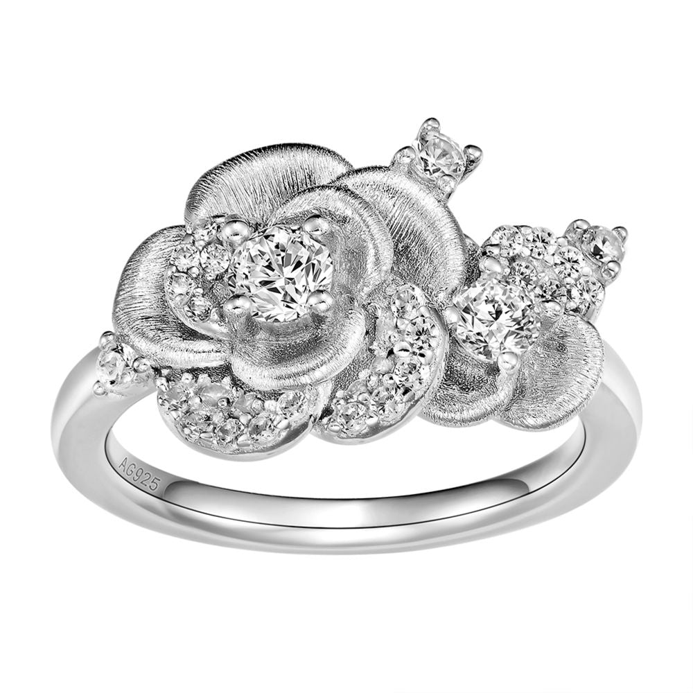 Rose Flower Ring, Brushed Finish, Cubic Zirconia Gold Plated Sterling Silver, Daily Wear Gift