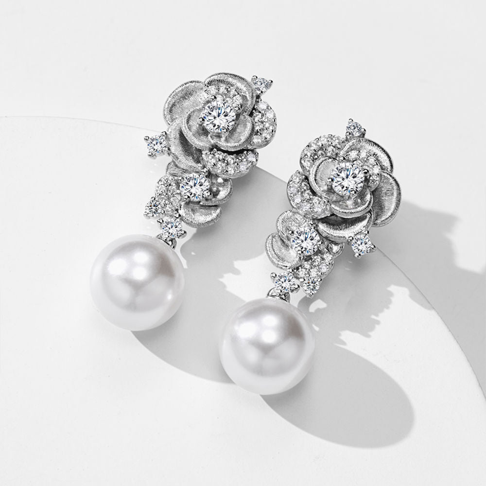 Rose Flower Pearl Drop Earrings, Brushed Finish, Swarovski Pearls Cubic Zirconia Gold Plated Sterling Silver, Daily Wear Gift