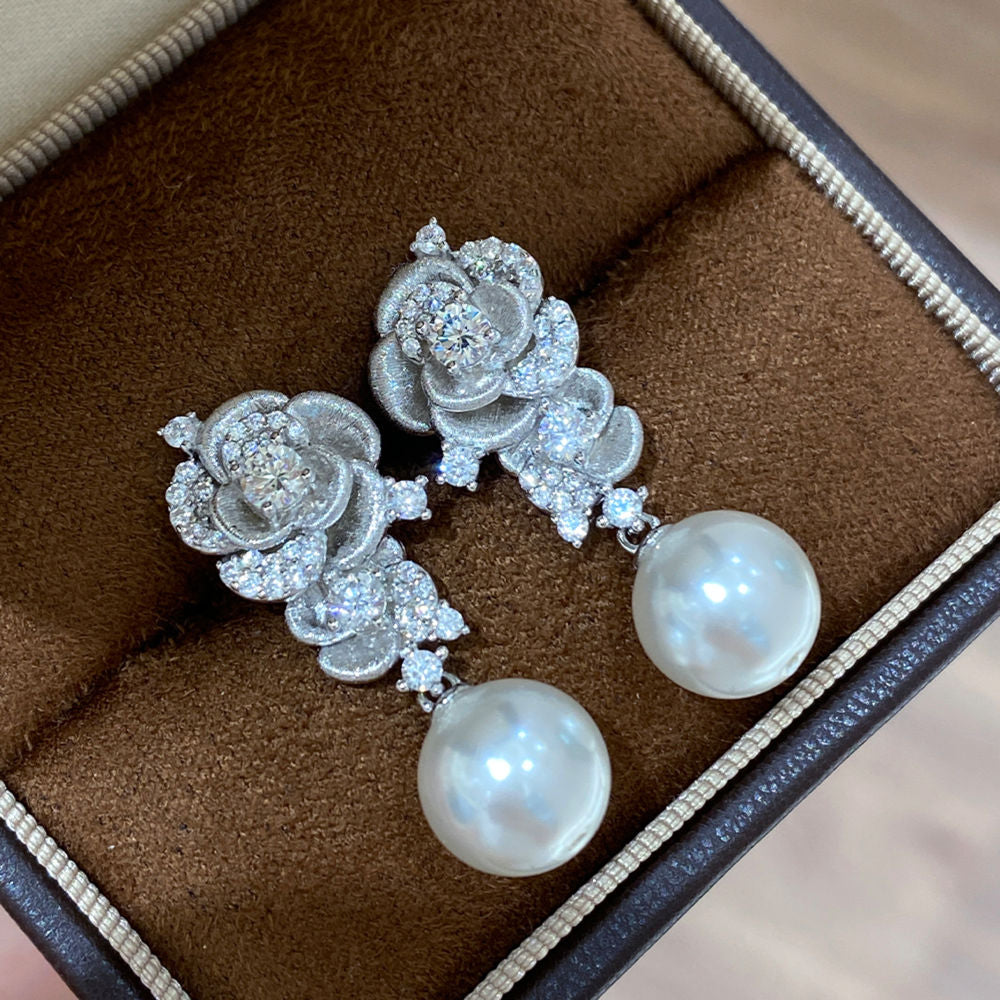 Rose Flower Pearl Drop Earrings, Brushed Finish, Swarovski Pearls Cubic Zirconia Gold Plated Sterling Silver, Daily Wear Gift