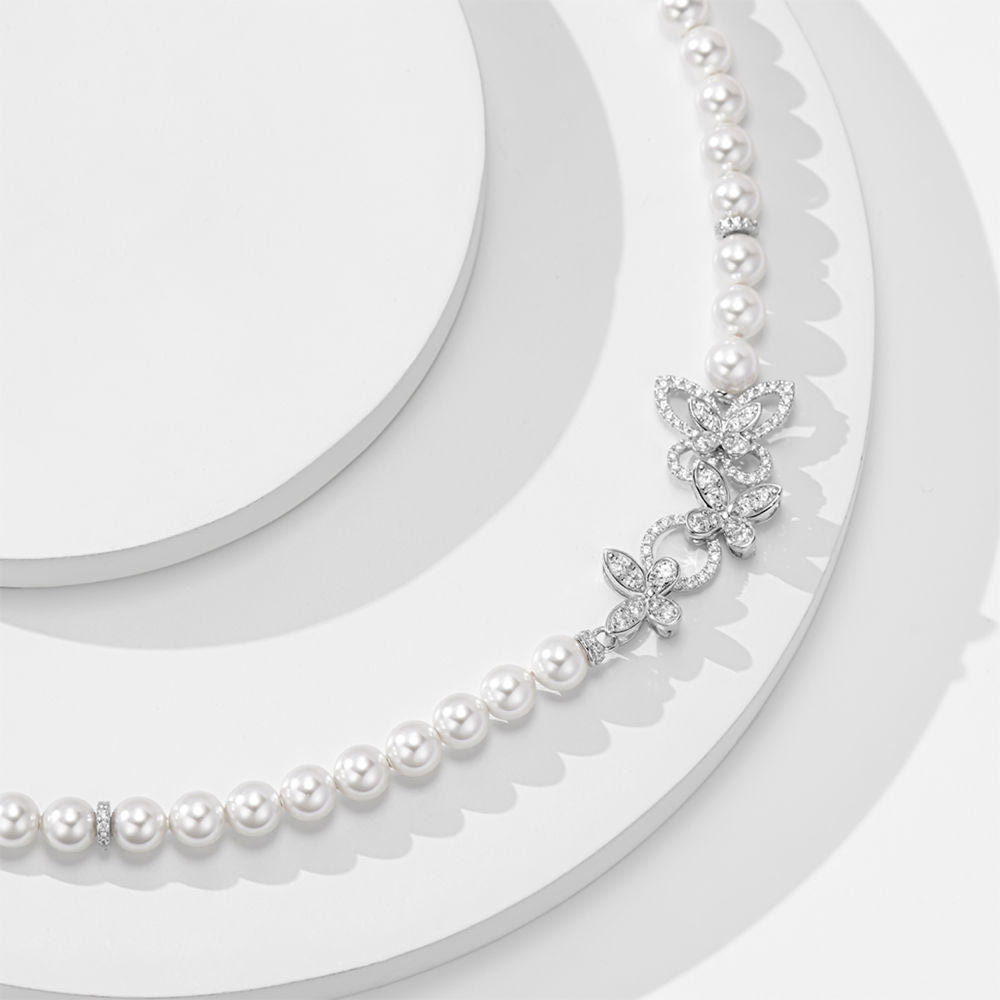 Butterfly Pearl Necklace, Swarovski Pearls Cubic Zirconia Gold Plated Sterling Silver, Daily Wear Gift